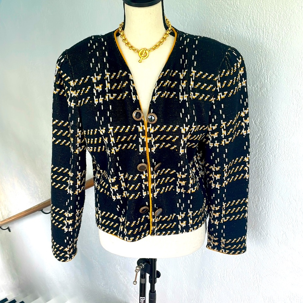Leslie Fay Vintage Houndstooth Print Sweater Jacket Womens Black & Gold Size 10